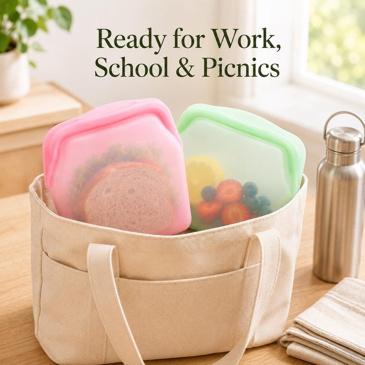 5 Pcs Silicone Reusable Leakproof Standing Food Storage Bags